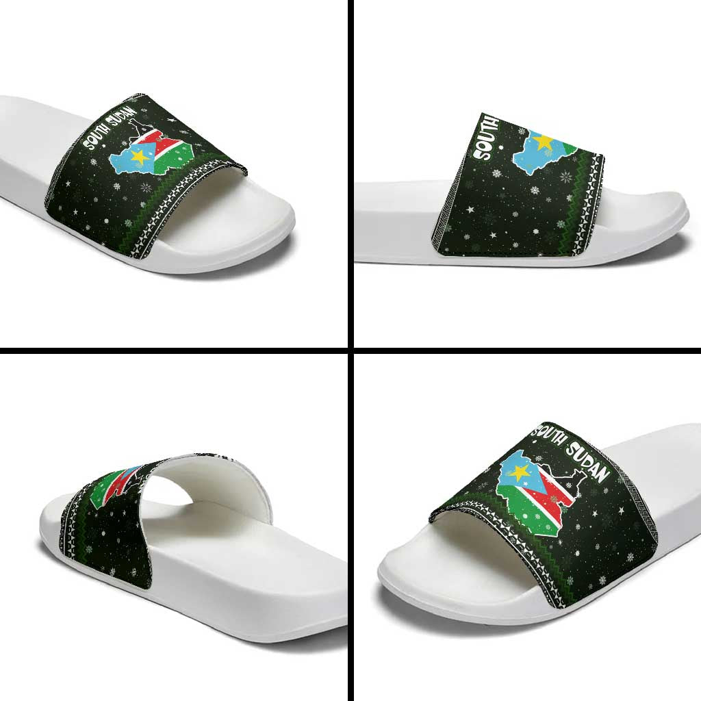 South Sudan Christmas Slide Sandals with National Map, Flag Colors, and Sleeping Rhino Motif - Wonder Print Shop