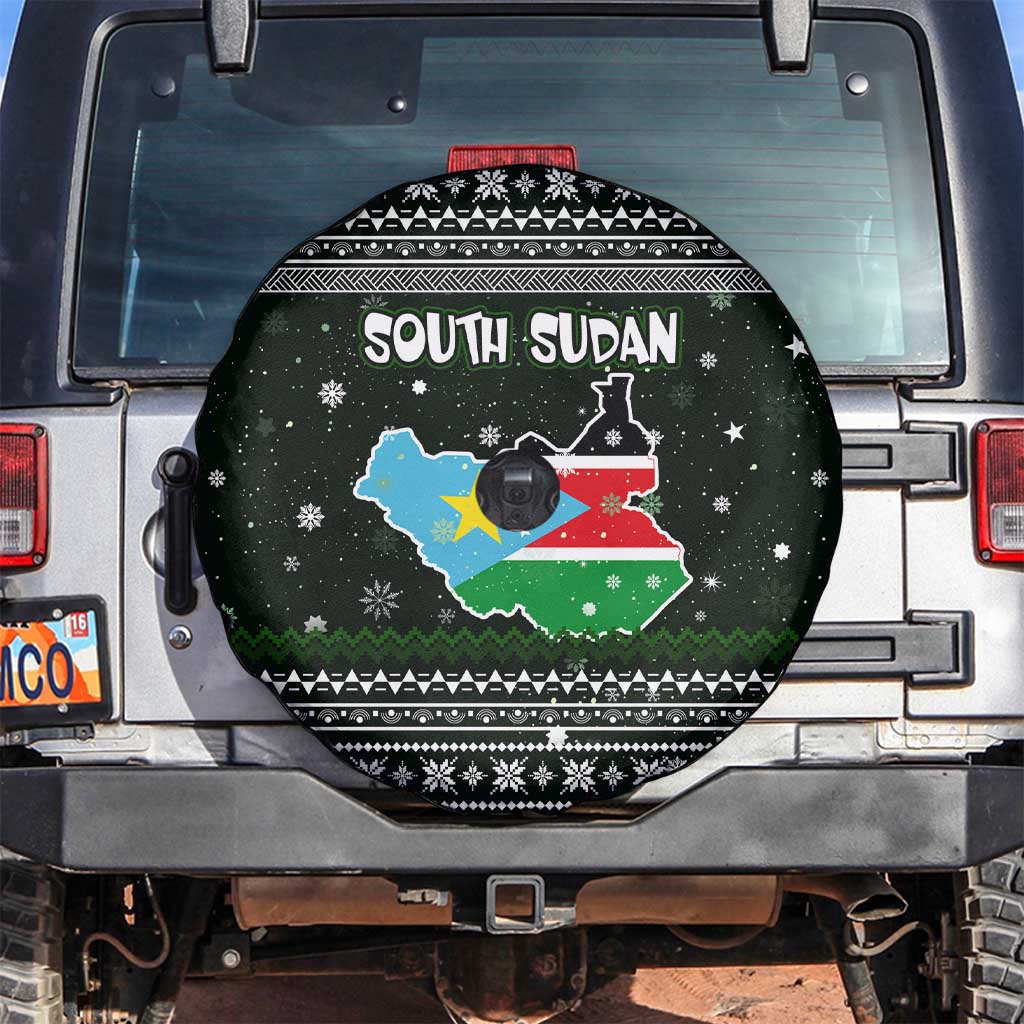 South Sudan Christmas Spare Tire Cover with National Map, Flag Colors, and Sleeping Rhino Motif - Wonder Print Shop