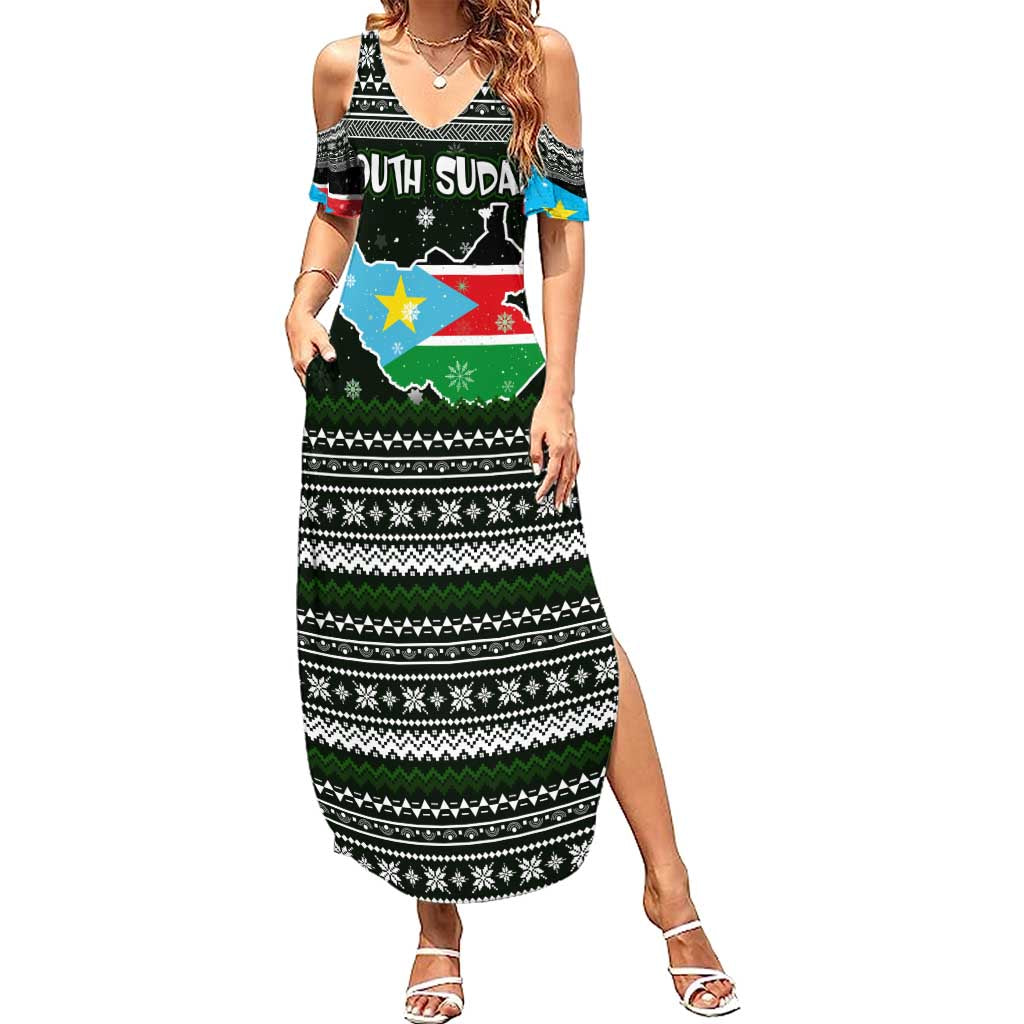 South Sudan Christmas Summer Maxi Dress with National Map, Flag Colors, and Sleeping Rhino Motif - Wonder Print Shop