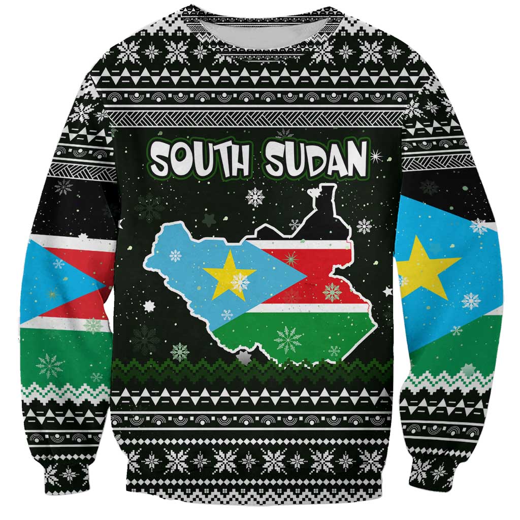 South Sudan Christmas Sweatshirt with National Map, Flag Colors, and Sleeping Rhino Motif - Wonder Print Shop