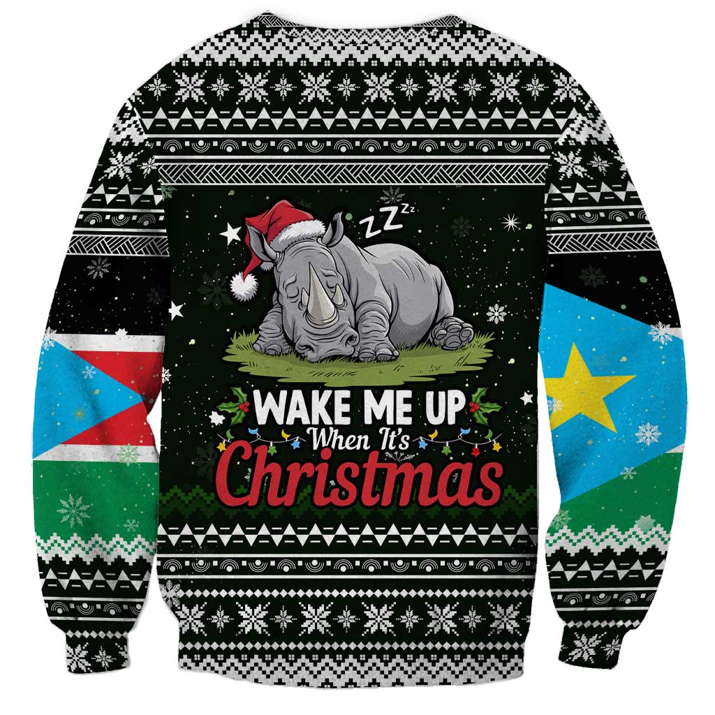 South Sudan Christmas Sweatshirt with National Map, Flag Colors, and Sleeping Rhino Motif - Wonder Print Shop