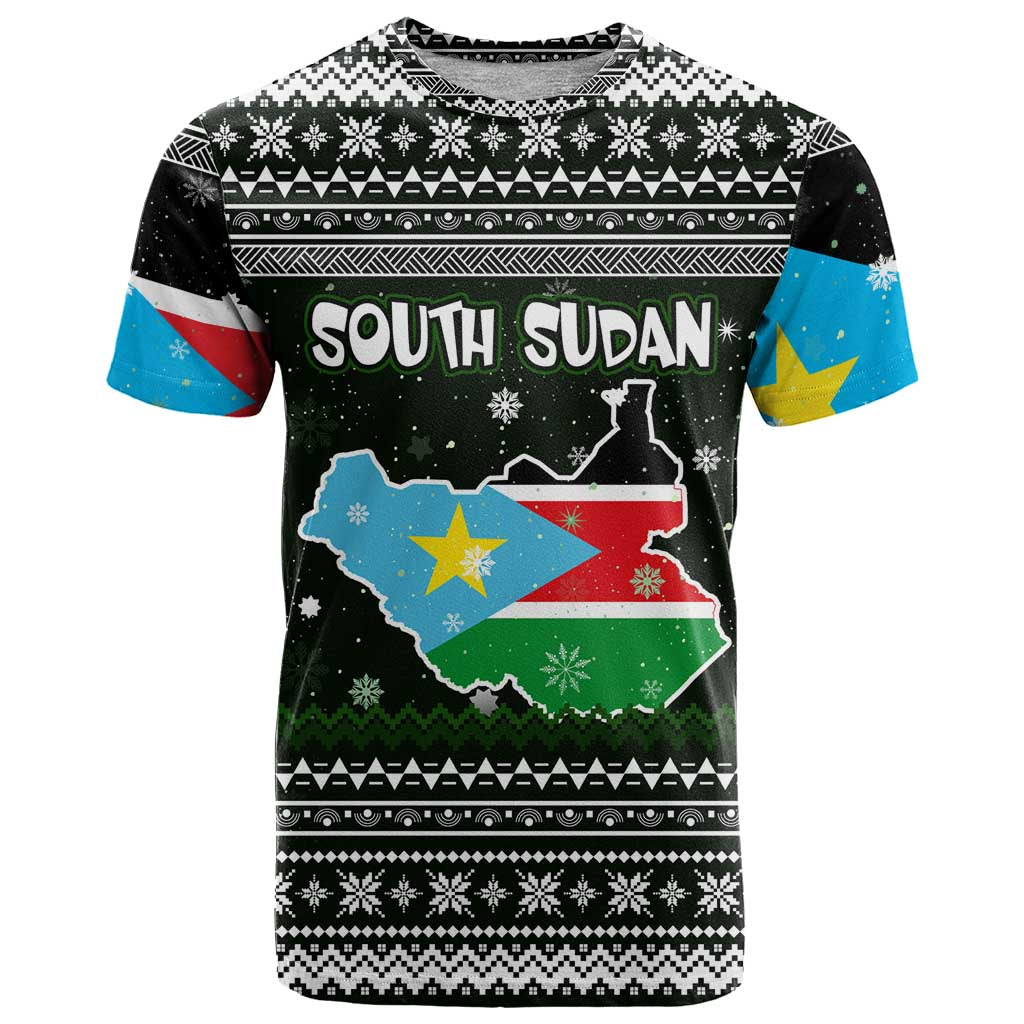 South Sudan Christmas T Shirt with National Map, Flag Colors, and Sleeping Rhino Motif - Wonder Print Shop