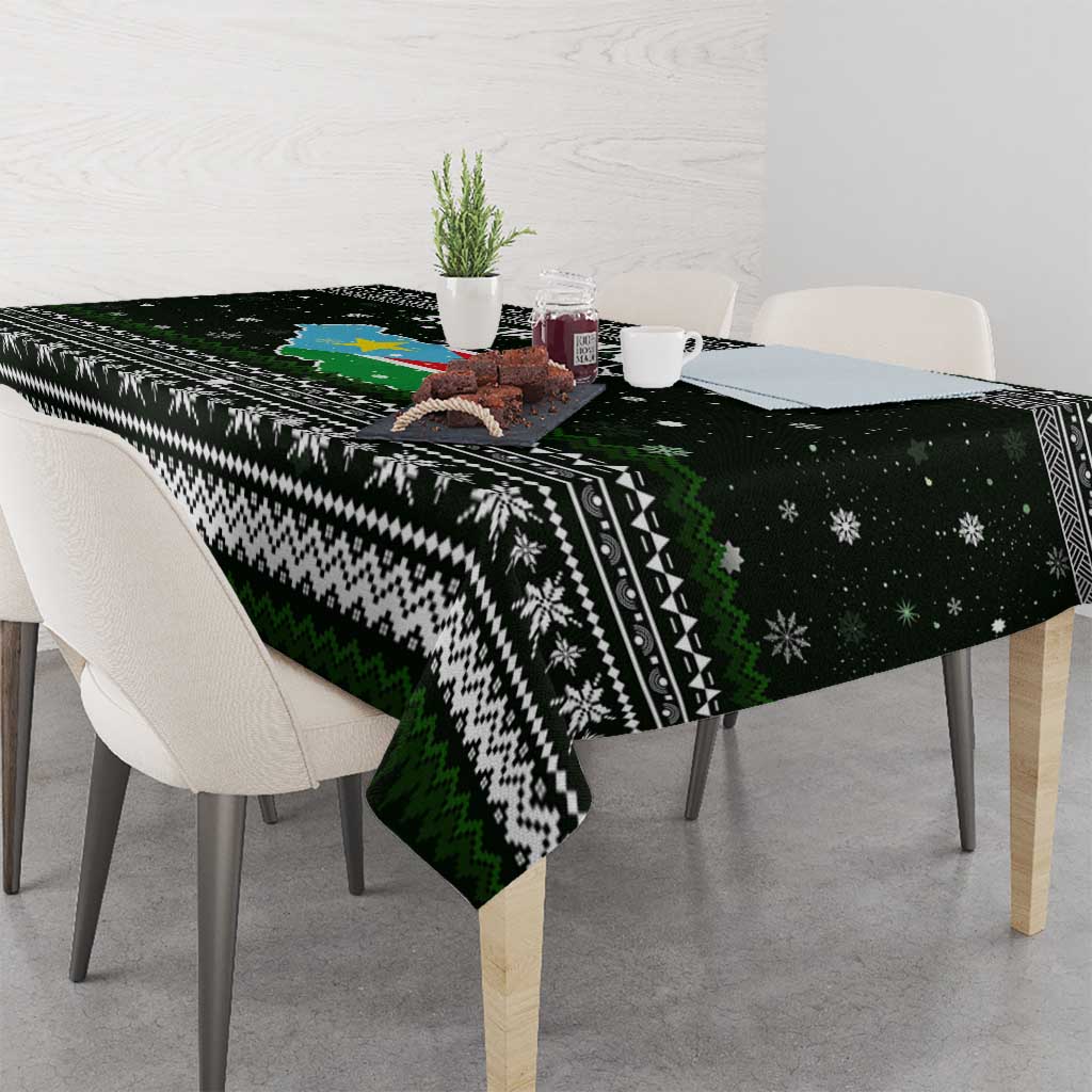 South Sudan Christmas Tablecloth with National Map, Flag Colors, and Sleeping Rhino Motif - Wonder Print Shop