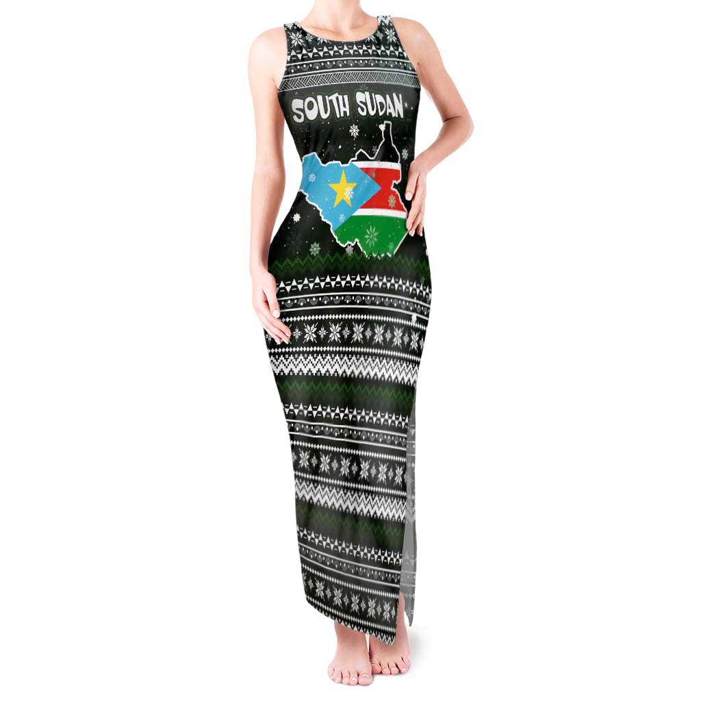 South Sudan Christmas Tank Maxi Dress with National Map, Flag Colors, and Sleeping Rhino Motif - Wonder Print Shop