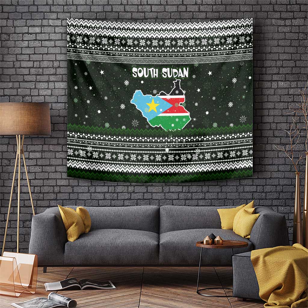 South Sudan Christmas Tapestry with National Map, Flag Colors, and Sleeping Rhino Motif - Wonder Print Shop