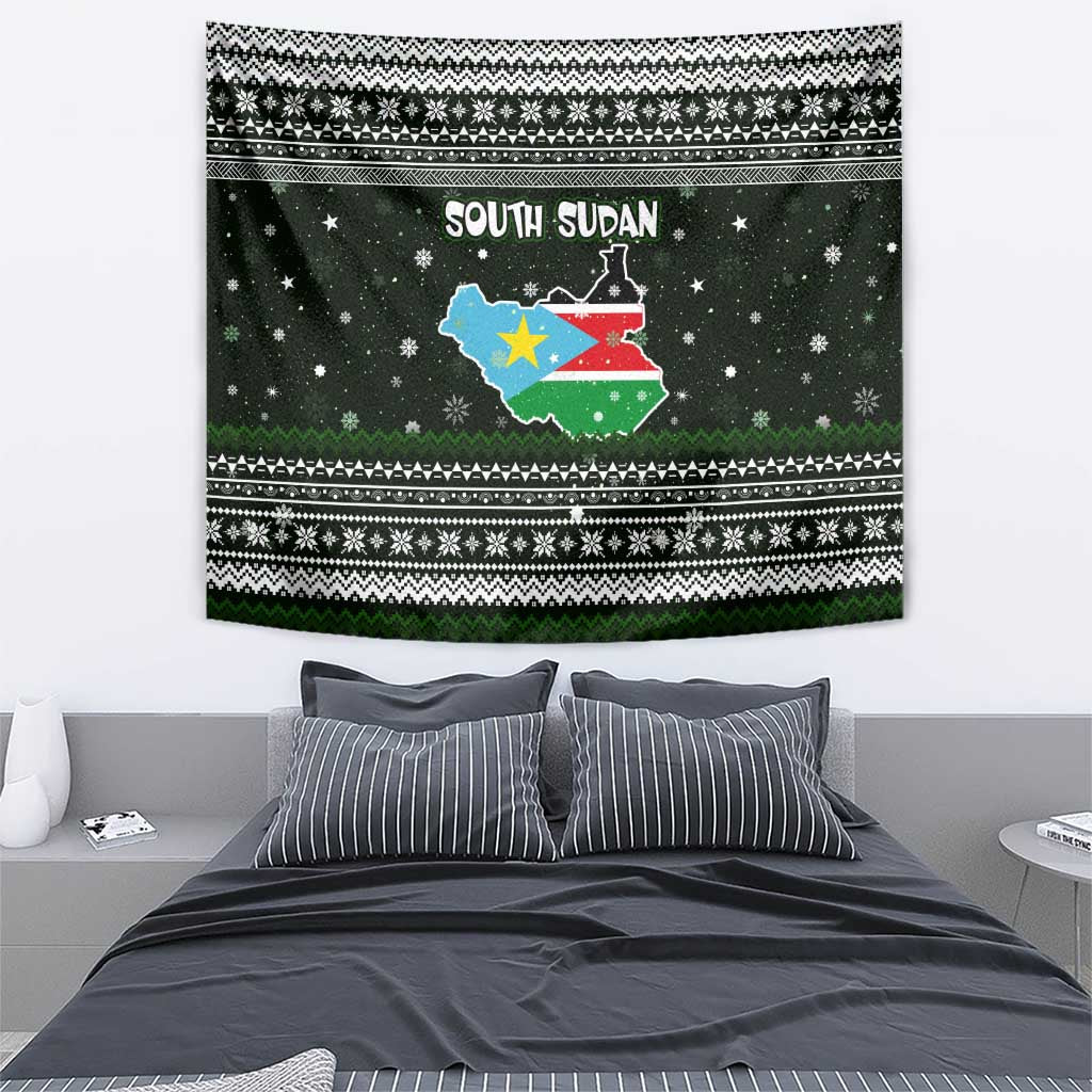 South Sudan Christmas Tapestry with National Map, Flag Colors, and Sleeping Rhino Motif - Wonder Print Shop