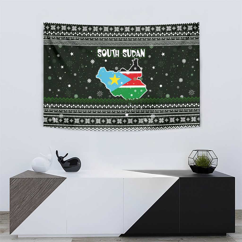 South Sudan Christmas Tapestry with National Map, Flag Colors, and Sleeping Rhino Motif - Wonder Print Shop