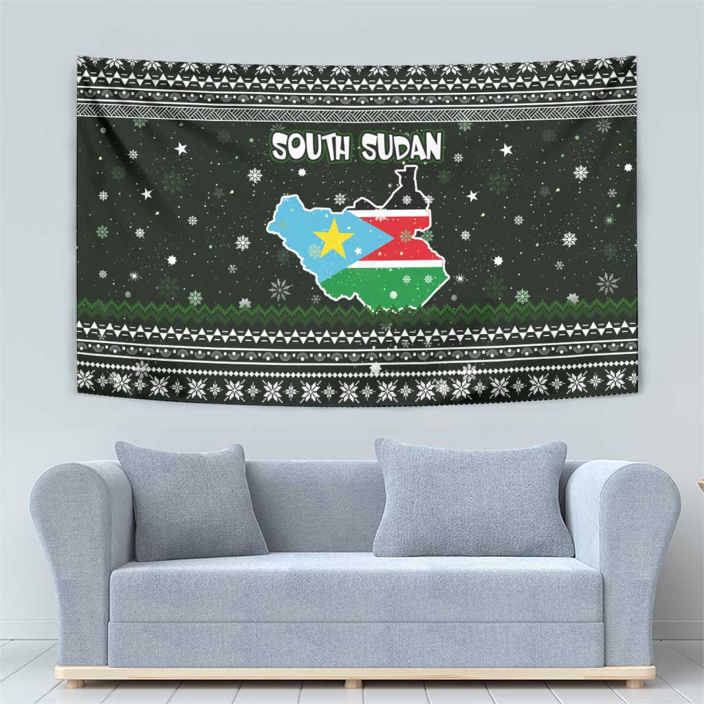 South Sudan Christmas Tapestry with National Map, Flag Colors, and Sleeping Rhino Motif - Wonder Print Shop