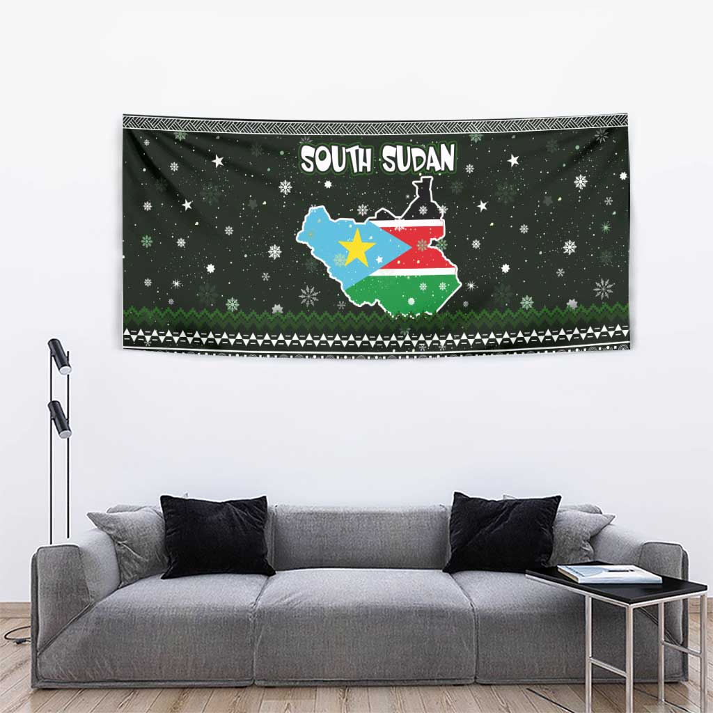 South Sudan Christmas Tapestry with National Map, Flag Colors, and Sleeping Rhino Motif - Wonder Print Shop