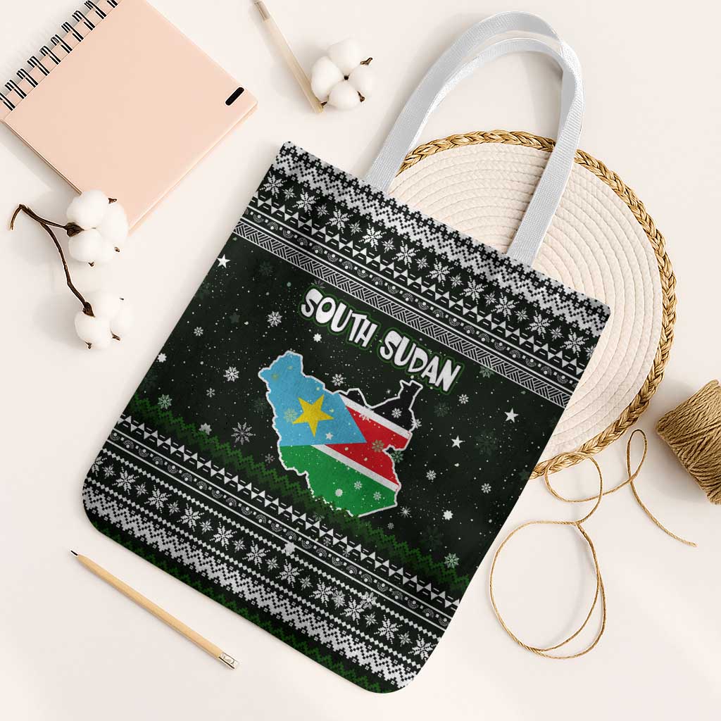 South Sudan Christmas Tote Bag with National Map, Flag Colors, and Sleeping Rhino Motif - Wonder Print Shop