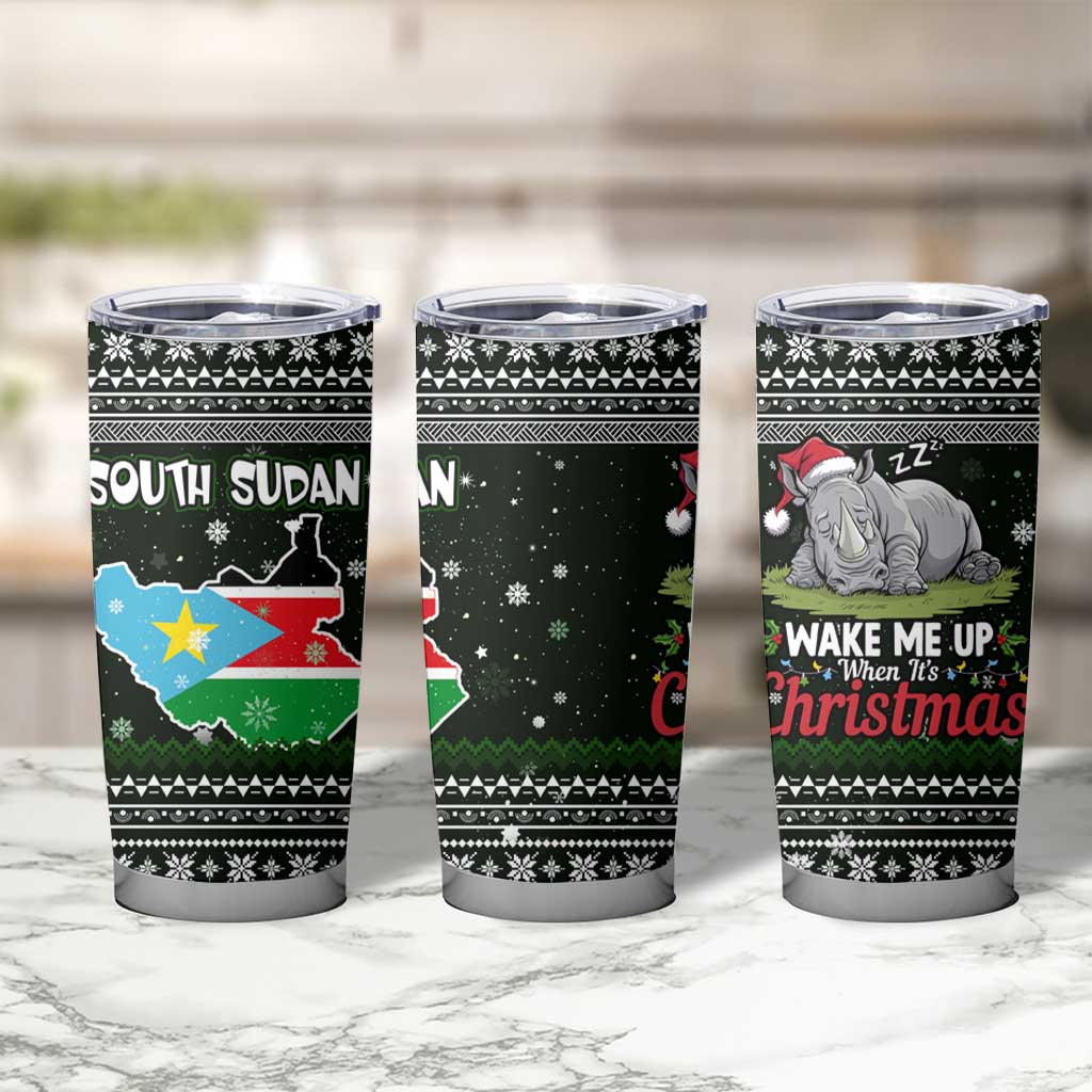 South Sudan Christmas Tumbler Cup with National Map, Flag Colors, and Sleeping Rhino Motif - Wonder Print Shop