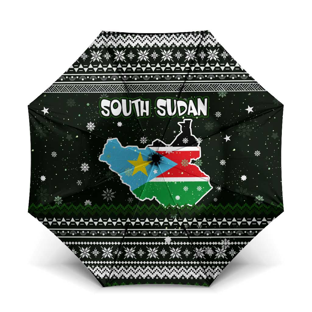 South Sudan Christmas Umbrella with National Map, Flag Colors, and Sleeping Rhino Motif - Wonder Print Shop