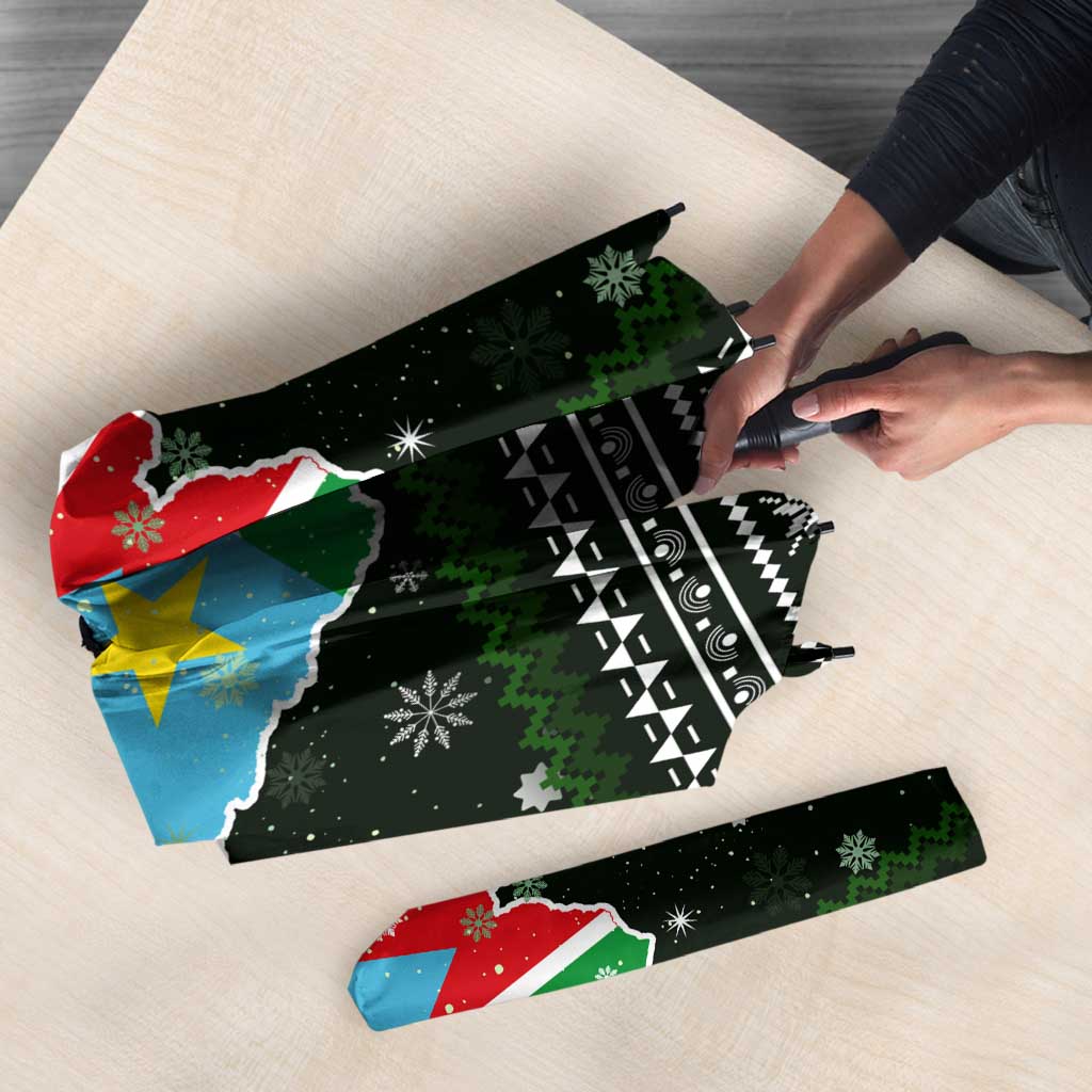 South Sudan Christmas Umbrella with National Map, Flag Colors, and Sleeping Rhino Motif - Wonder Print Shop