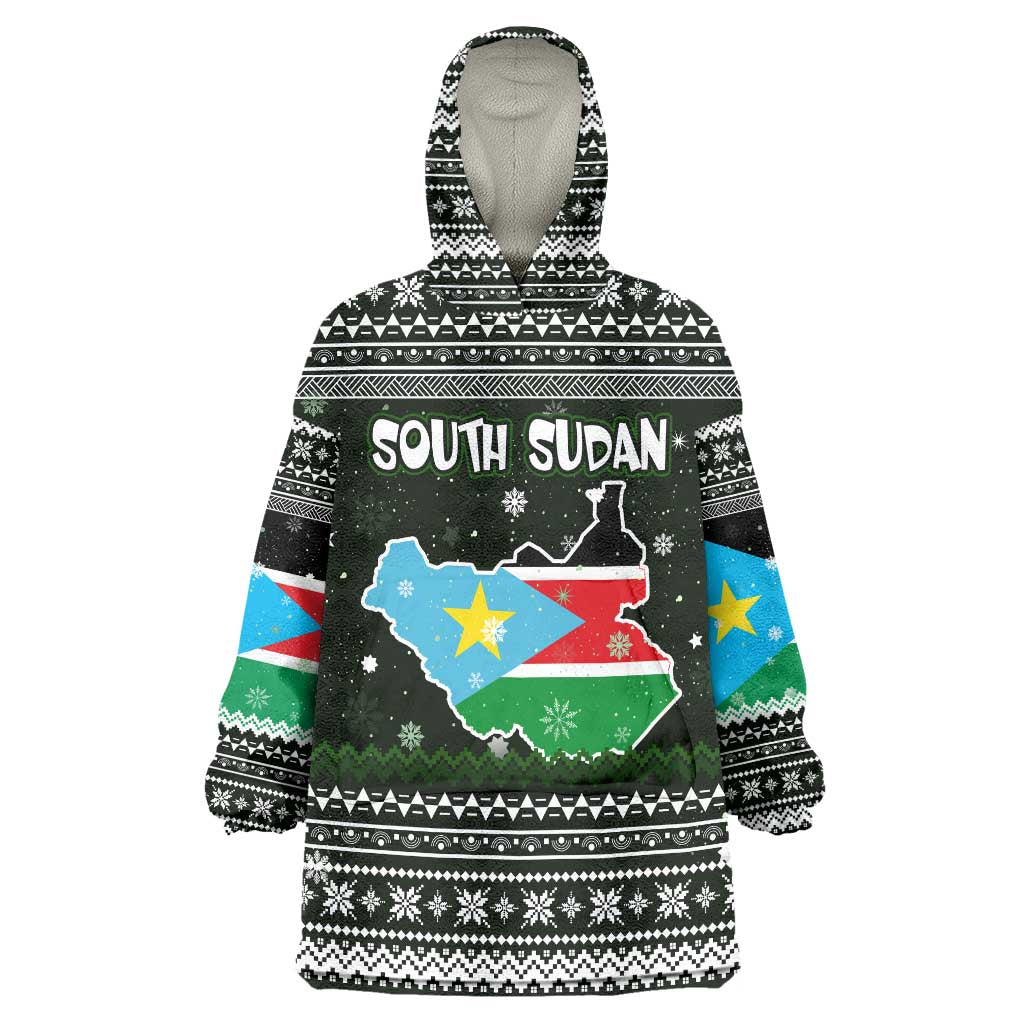 South Sudan Christmas Wearable Blanket Hoodie with National Map, Flag Colors, and Sleeping Rhino Motif - Wonder Print Shop