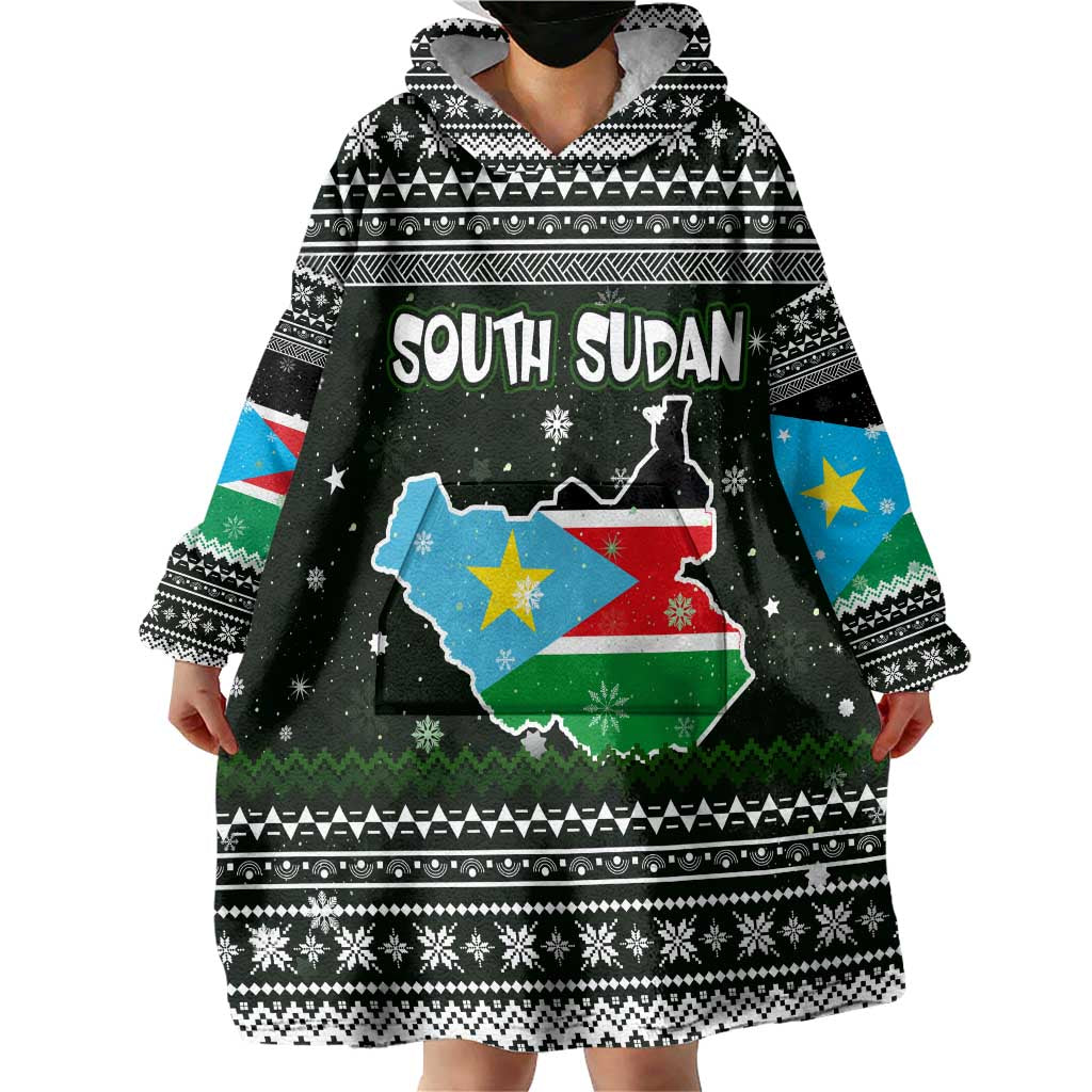 South Sudan Christmas Wearable Blanket Hoodie with National Map, Flag Colors, and Sleeping Rhino Motif - Wonder Print Shop