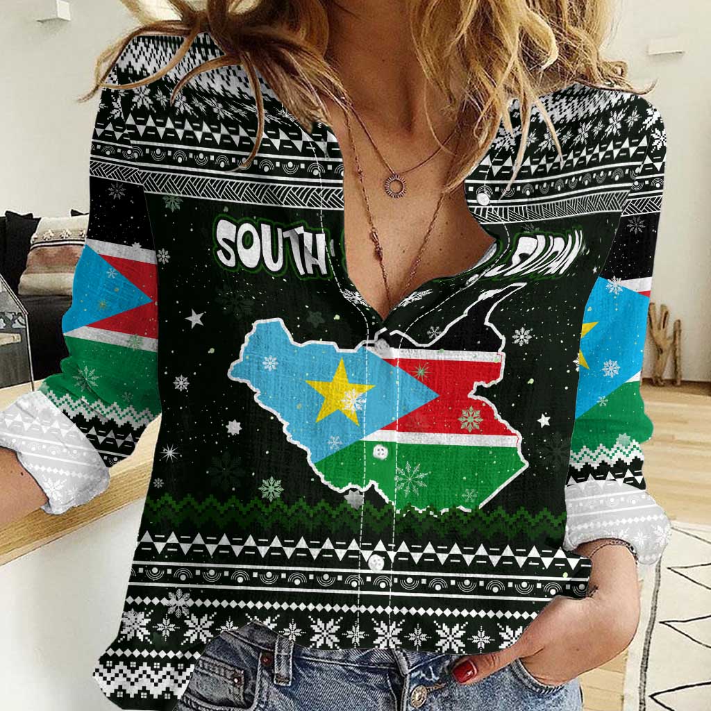 South Sudan Christmas Women Casual Shirt with National Map, Flag Colors, and Sleeping Rhino Motif - Wonder Print Shop