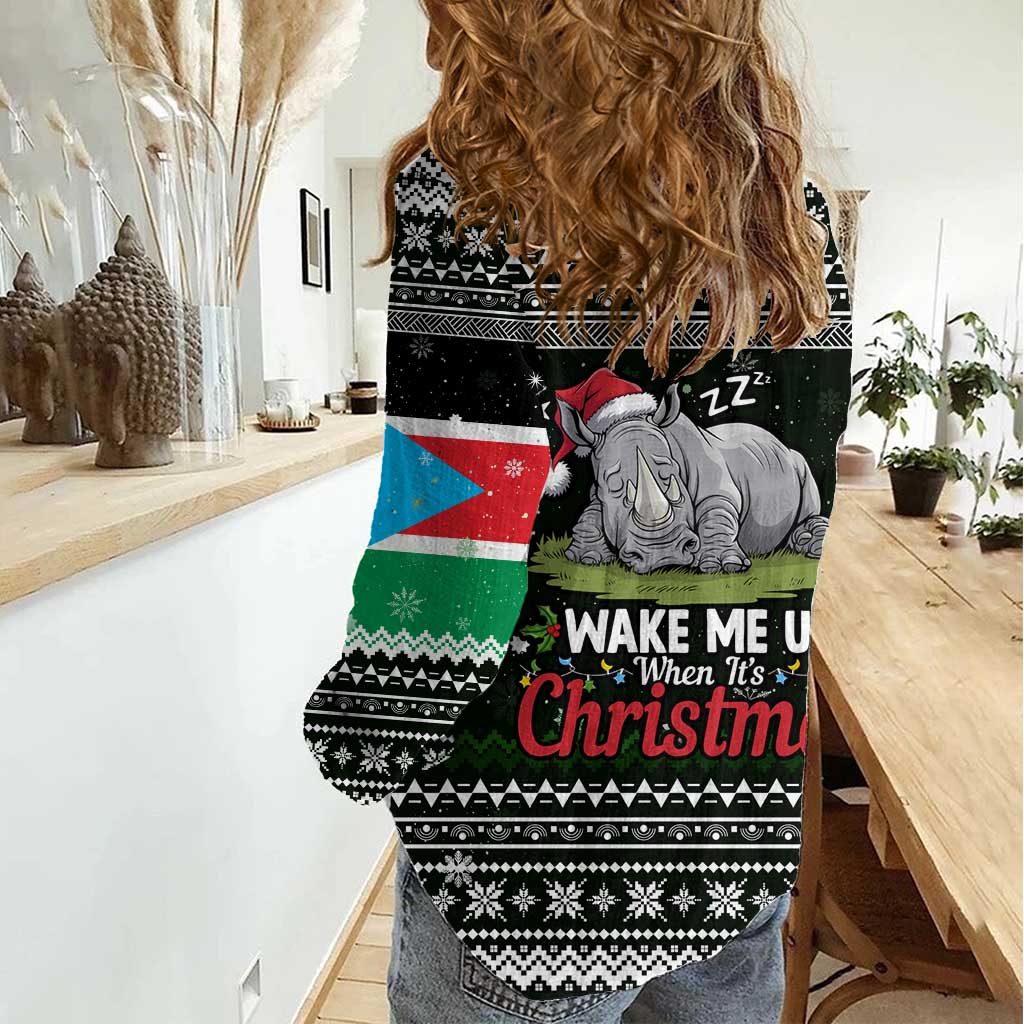 South Sudan Christmas Women Casual Shirt with National Map, Flag Colors, and Sleeping Rhino Motif - Wonder Print Shop