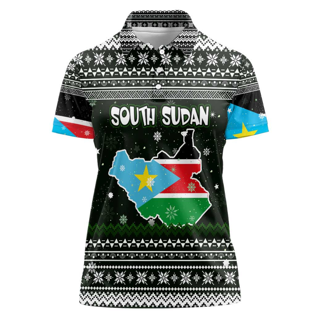 South Sudan Christmas Women Polo Shirt with National Map, Flag Colors, and Sleeping Rhino Motif - Wonder Print Shop