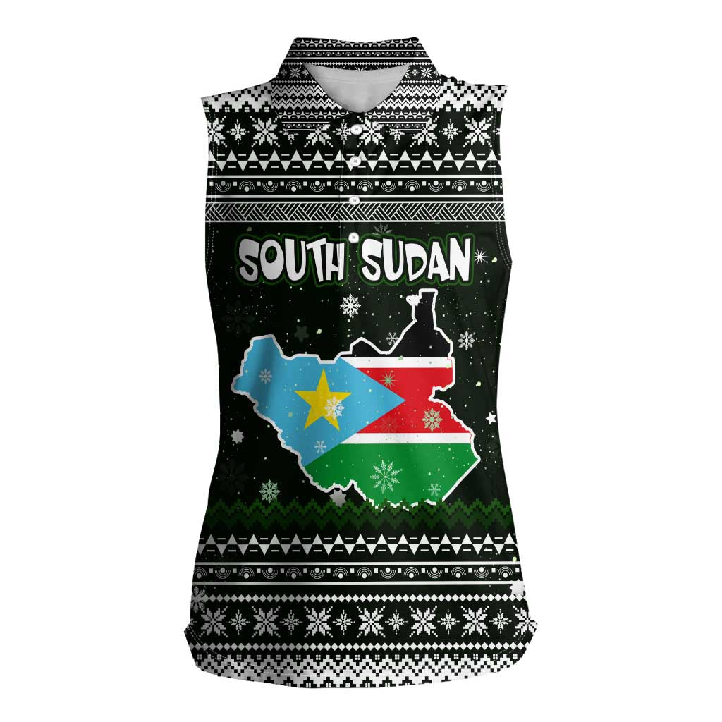 South Sudan Christmas Women Sleeveless Polo Shirt with National Map, Flag Colors, and Sleeping Rhino Motif - Wonder Print Shop