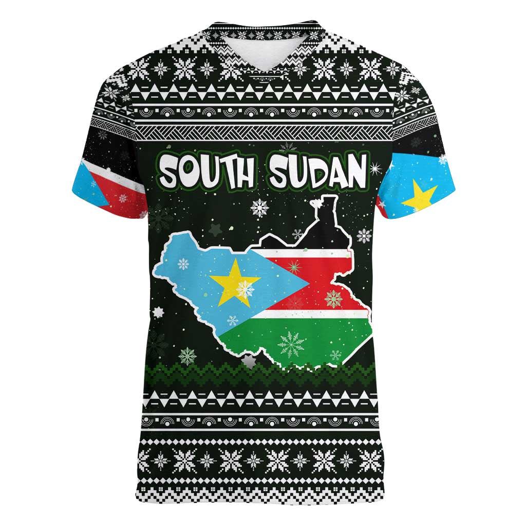 South Sudan Christmas Women V-Neck T-Shirt with National Map, Flag Colors, and Sleeping Rhino Motif - Wonder Print Shop