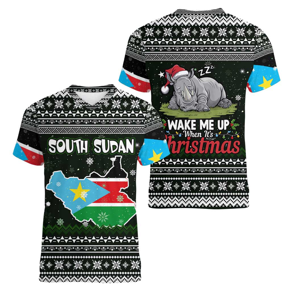 South Sudan Christmas Women V-Neck T-Shirt with National Map, Flag Colors, and Sleeping Rhino Motif - Wonder Print Shop