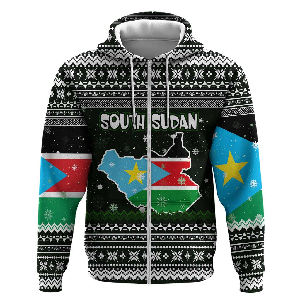 South Sudan Christmas Zip Hoodie with National Map, Flag Colors, and Sleeping Rhino Motif - Wonder Print Shop