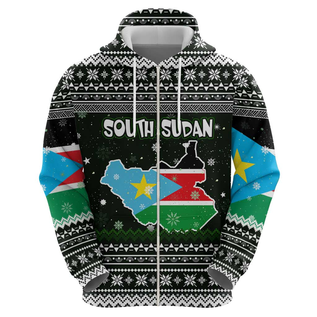 South Sudan Christmas Zip Hoodie with National Map, Flag Colors, and Sleeping Rhino Motif - Wonder Print Shop