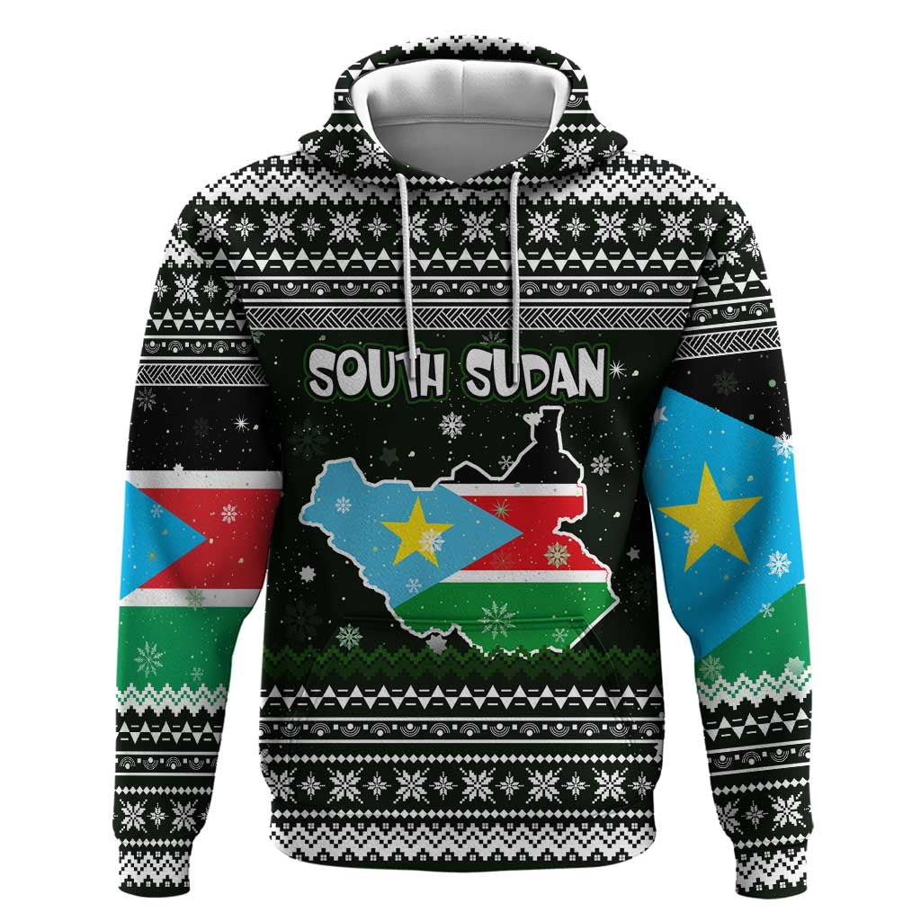 South Sudan Christmas Zip Hoodie with National Map, Flag Colors, and Sleeping Rhino Motif - Wonder Print Shop