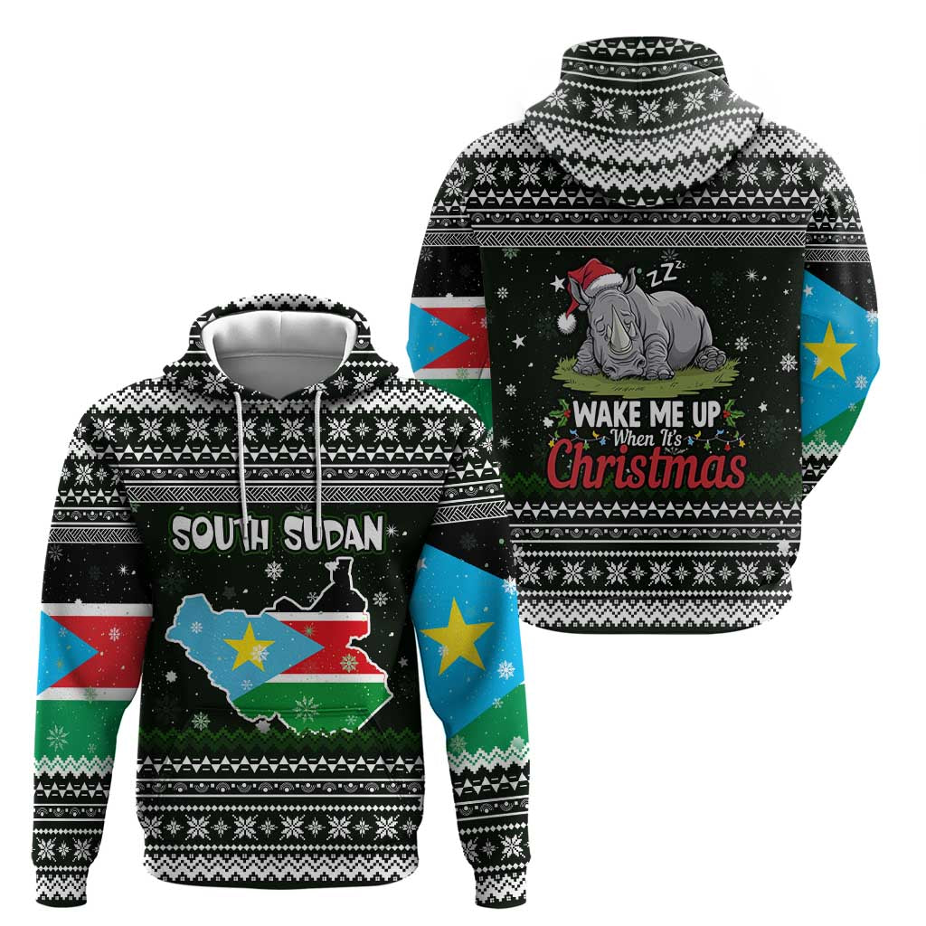South Sudan Christmas Zip Hoodie with National Map, Flag Colors, and Sleeping Rhino Motif - Wonder Print Shop