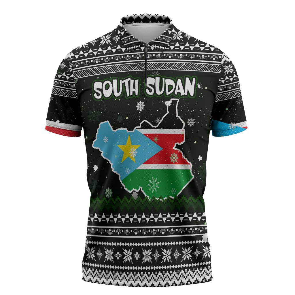 South Sudan Christmas Zipper Polo Shirt with National Map, Flag Colors, and Sleeping Rhino Motif - Wonder Print Shop