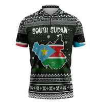 South Sudan Christmas Zipper Polo Shirt with National Map, Flag Colors, and Sleeping Rhino Motif - Wonder Print Shop