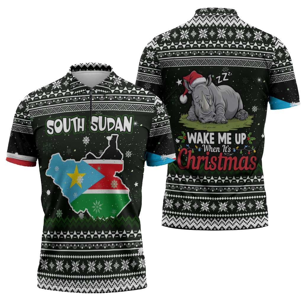 South Sudan Christmas Zipper Polo Shirt with National Map, Flag Colors, and Sleeping Rhino Motif - Wonder Print Shop