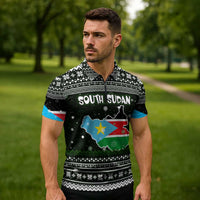 South Sudan Christmas Zipper Polo Shirt with National Map, Flag Colors, and Sleeping Rhino Motif - Wonder Print Shop