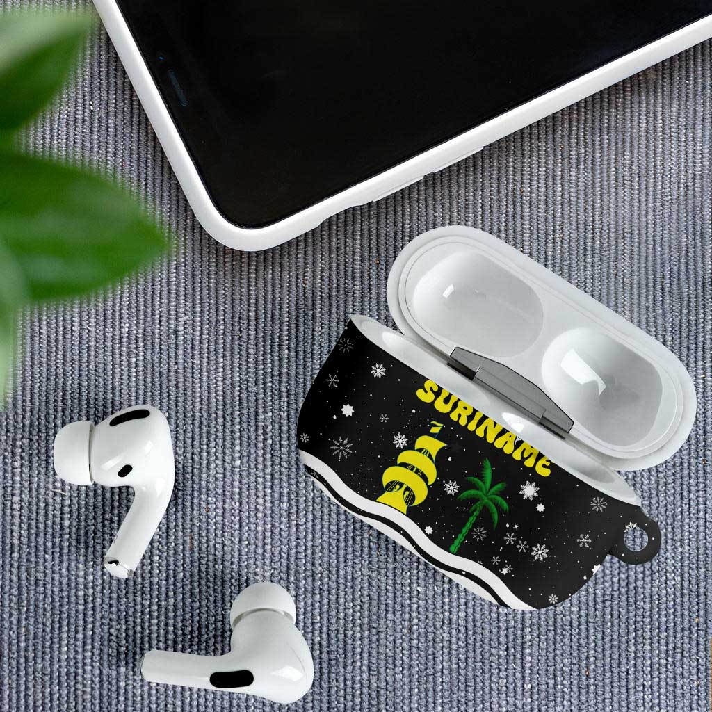 Suriname Christmas AirPods Case with Black Festive Pattern, Golden Ship, Palm Tree, and Coat of Arms Motif - Wonder Print Shop