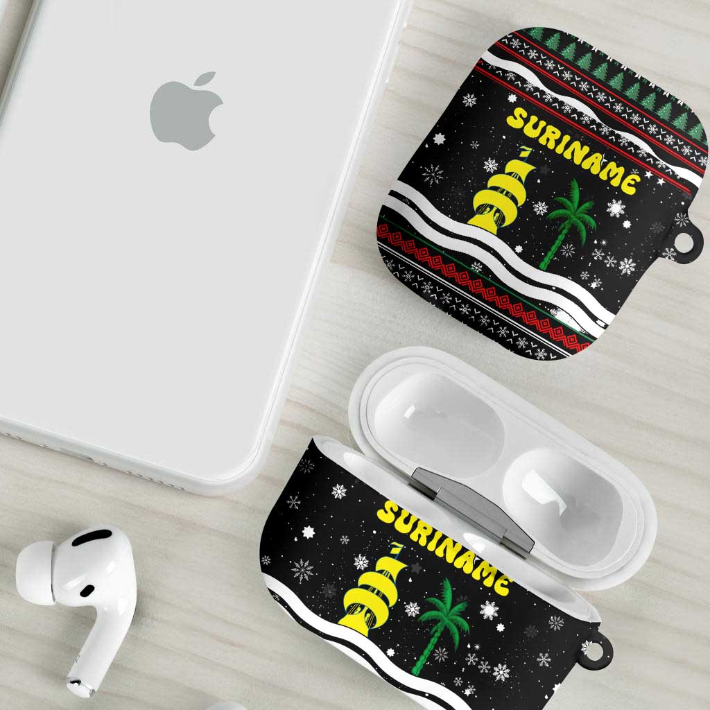 Suriname Christmas AirPods Case with Black Festive Pattern, Golden Ship, Palm Tree, and Coat of Arms Motif - Wonder Print Shop