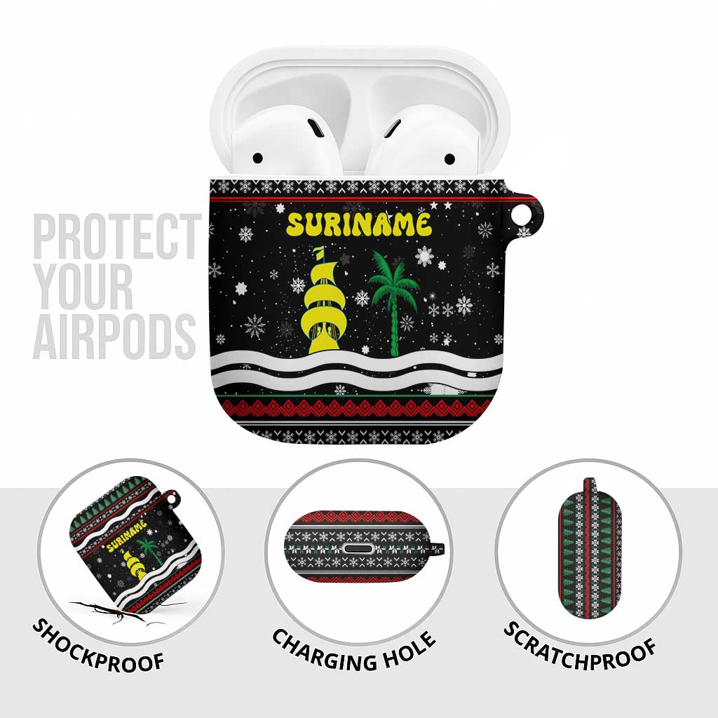 Suriname Christmas AirPods Case with Black Festive Pattern, Golden Ship, Palm Tree, and Coat of Arms Motif - Wonder Print Shop