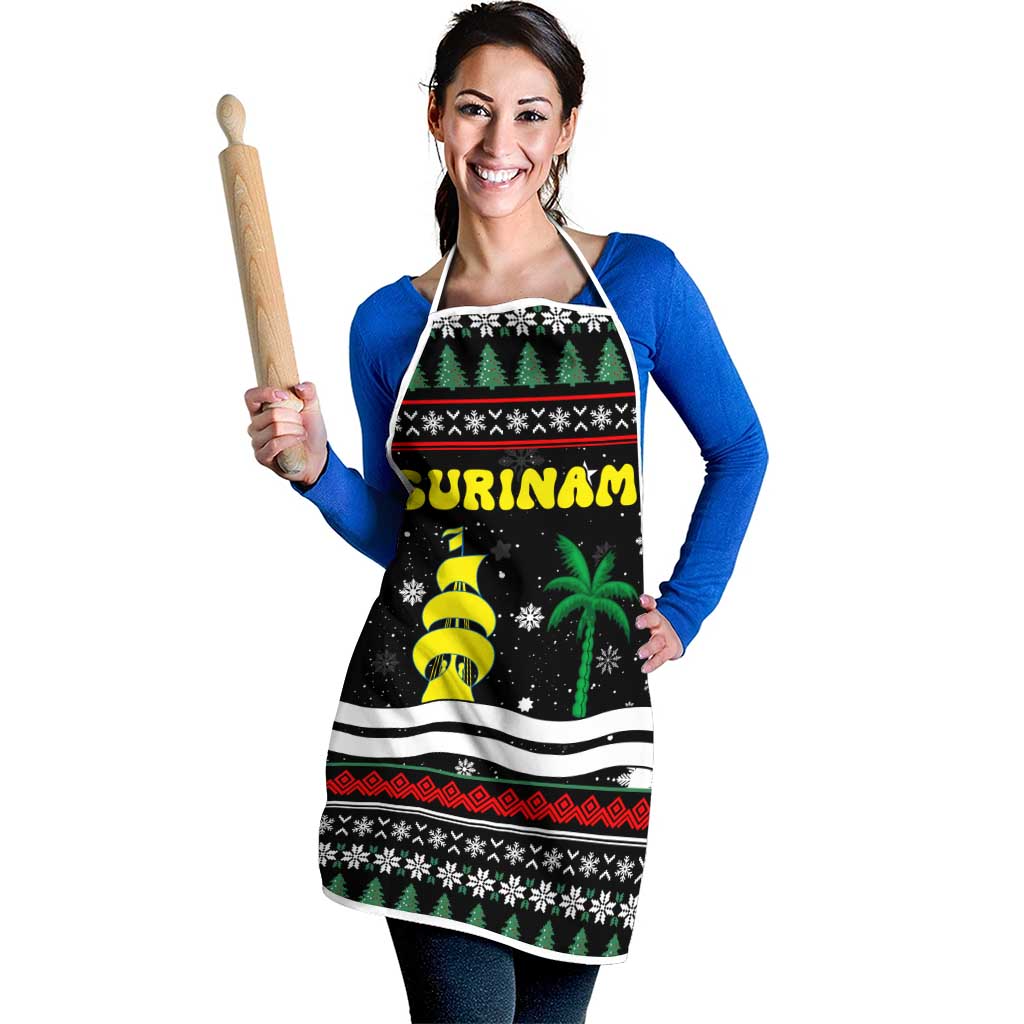 Suriname Christmas Apron with Black Festive Pattern, Golden Ship, Palm Tree, and Coat of Arms Motif - Wonder Print Shop
