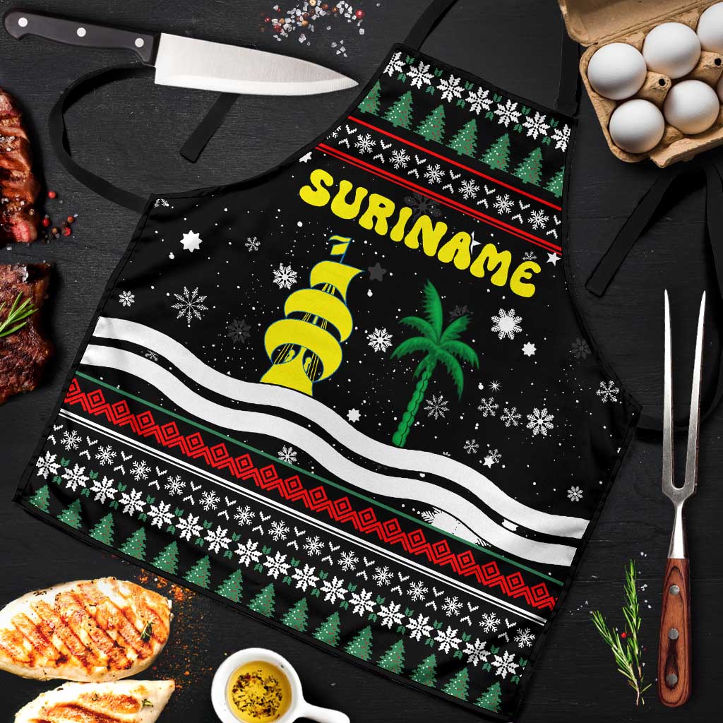 Suriname Christmas Apron with Black Festive Pattern, Golden Ship, Palm Tree, and Coat of Arms Motif - Wonder Print Shop