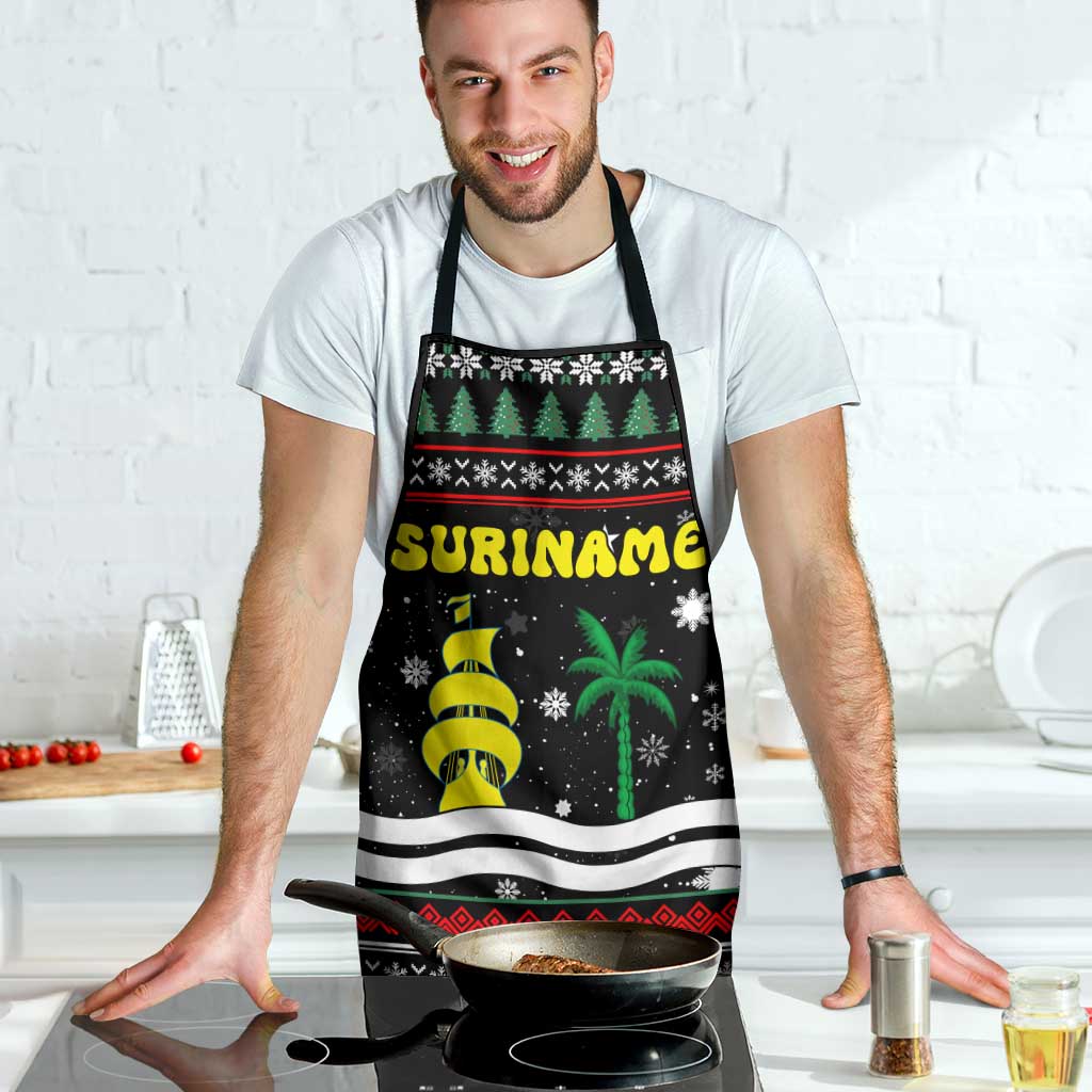 Suriname Christmas Apron with Black Festive Pattern, Golden Ship, Palm Tree, and Coat of Arms Motif - Wonder Print Shop