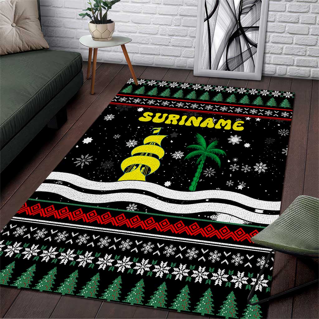 Suriname Christmas Area Rug with Black Festive Pattern, Golden Ship, Palm Tree, and Coat of Arms Motif - Wonder Print Shop