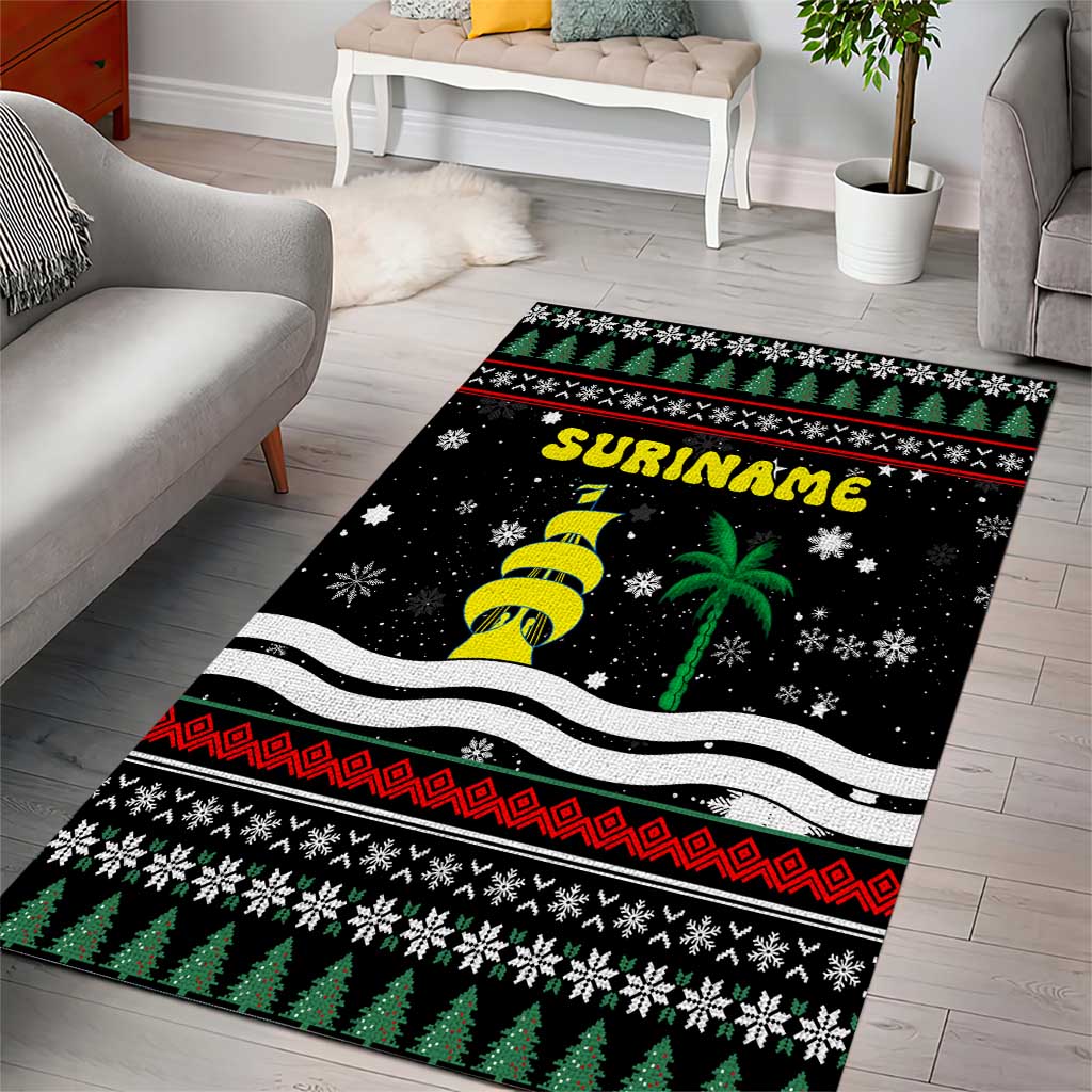 Suriname Christmas Area Rug with Black Festive Pattern, Golden Ship, Palm Tree, and Coat of Arms Motif - Wonder Print Shop