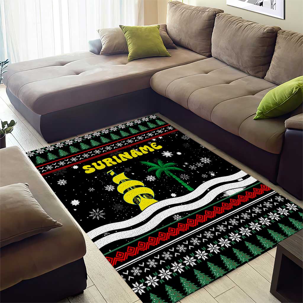 Suriname Christmas Area Rug with Black Festive Pattern, Golden Ship, Palm Tree, and Coat of Arms Motif - Wonder Print Shop