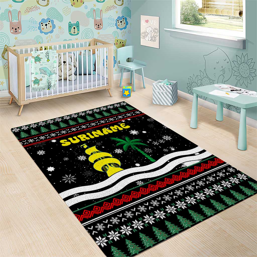 Suriname Christmas Area Rug with Black Festive Pattern, Golden Ship, Palm Tree, and Coat of Arms Motif - Wonder Print Shop