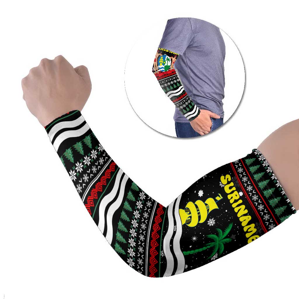Suriname Christmas Arm Sleeves with Black Festive Pattern, Golden Ship, Palm Tree, and Coat of Arms Motif - Wonder Print Shop