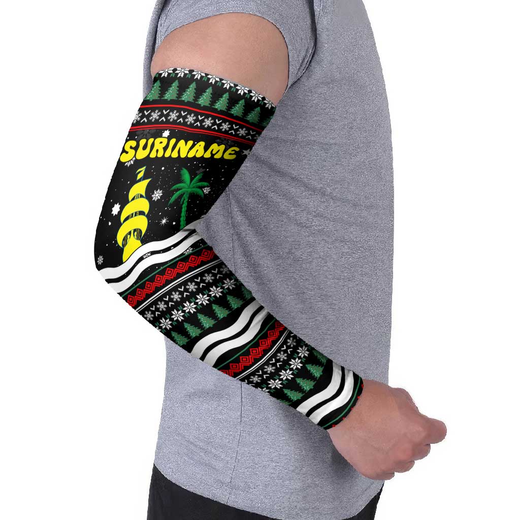 Suriname Christmas Arm Sleeves with Black Festive Pattern, Golden Ship, Palm Tree, and Coat of Arms Motif - Wonder Print Shop
