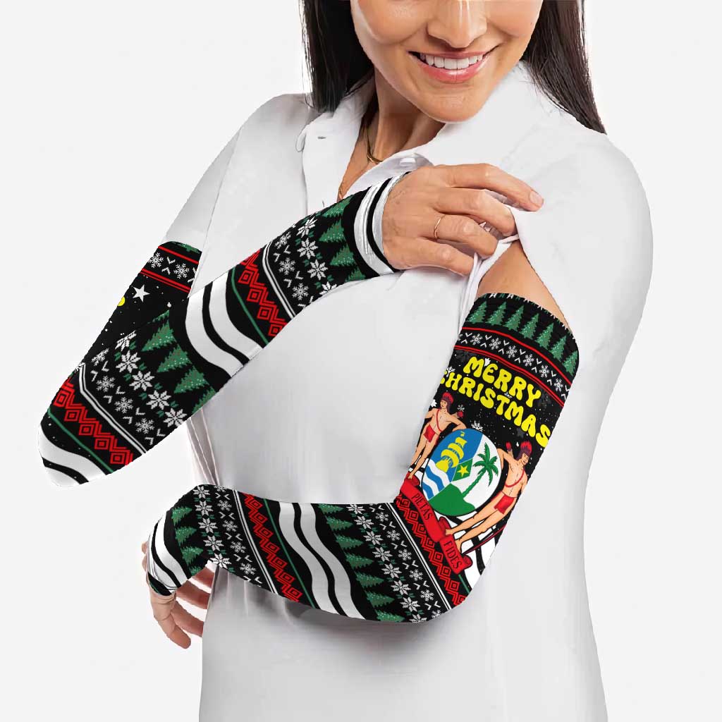 Suriname Christmas Arm Sleeves with Black Festive Pattern, Golden Ship, Palm Tree, and Coat of Arms Motif - Wonder Print Shop