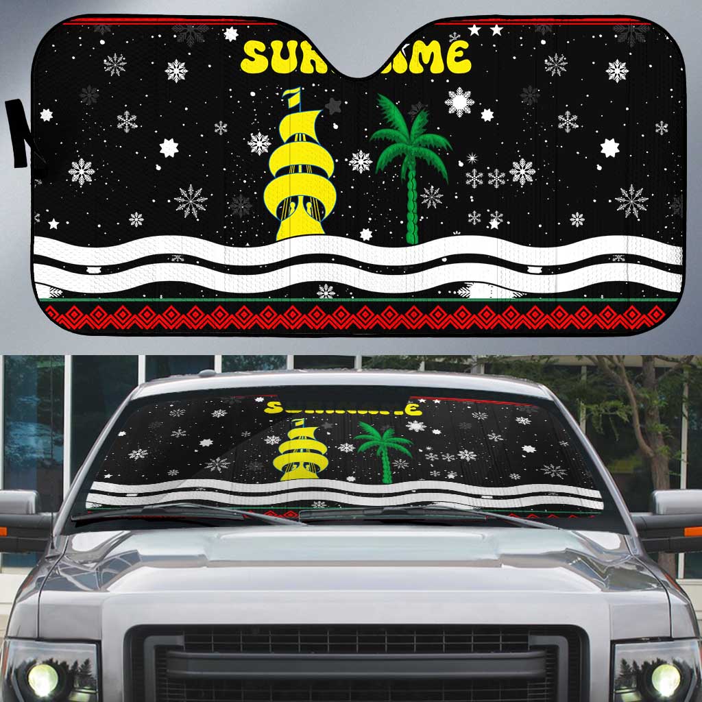 Suriname Christmas Auto Sun Shade with Black Festive Pattern, Golden Ship, Palm Tree, and Coat of Arms Motif - Wonder Print Shop