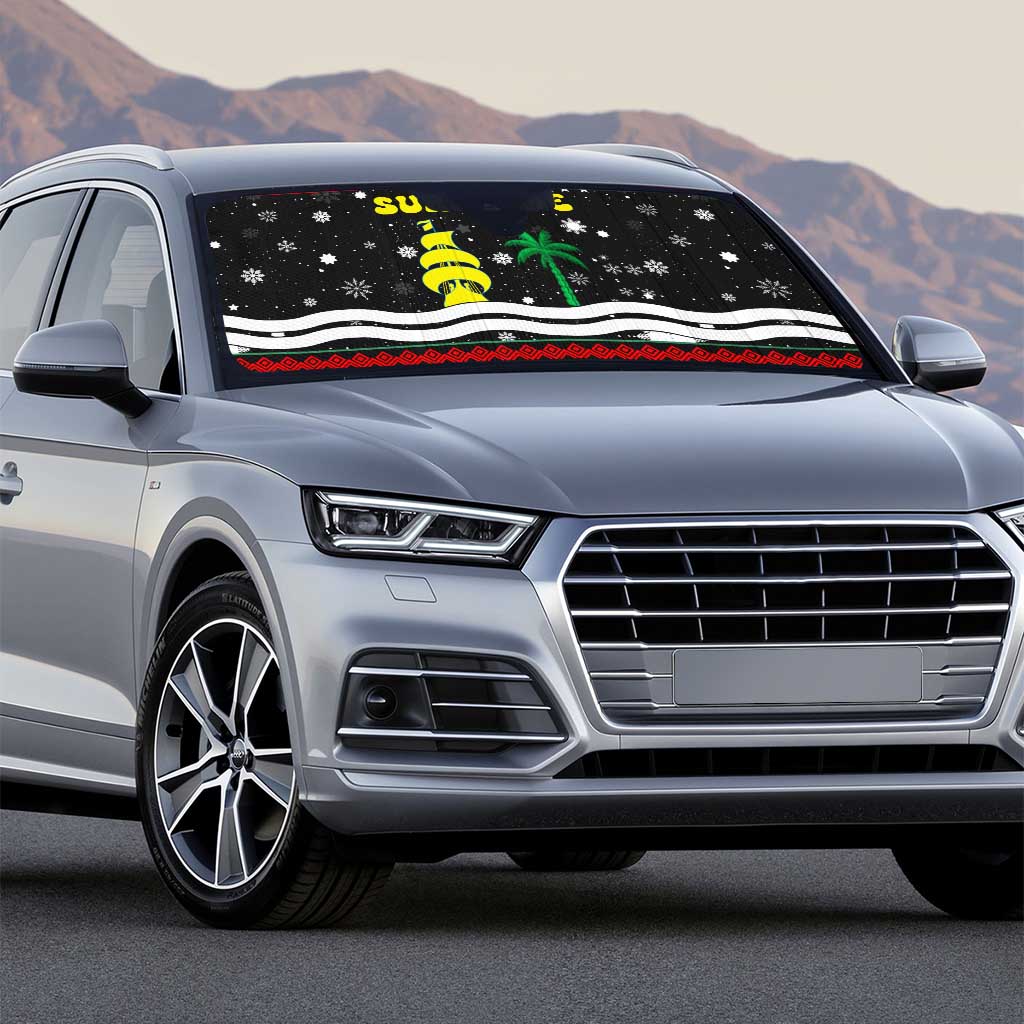 Suriname Christmas Auto Sun Shade with Black Festive Pattern, Golden Ship, Palm Tree, and Coat of Arms Motif - Wonder Print Shop