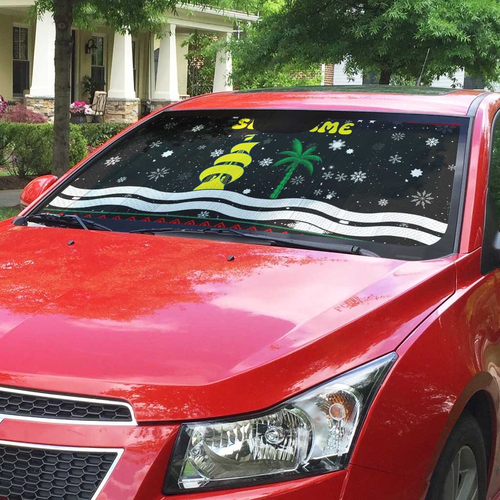 Suriname Christmas Auto Sun Shade with Black Festive Pattern, Golden Ship, Palm Tree, and Coat of Arms Motif - Wonder Print Shop