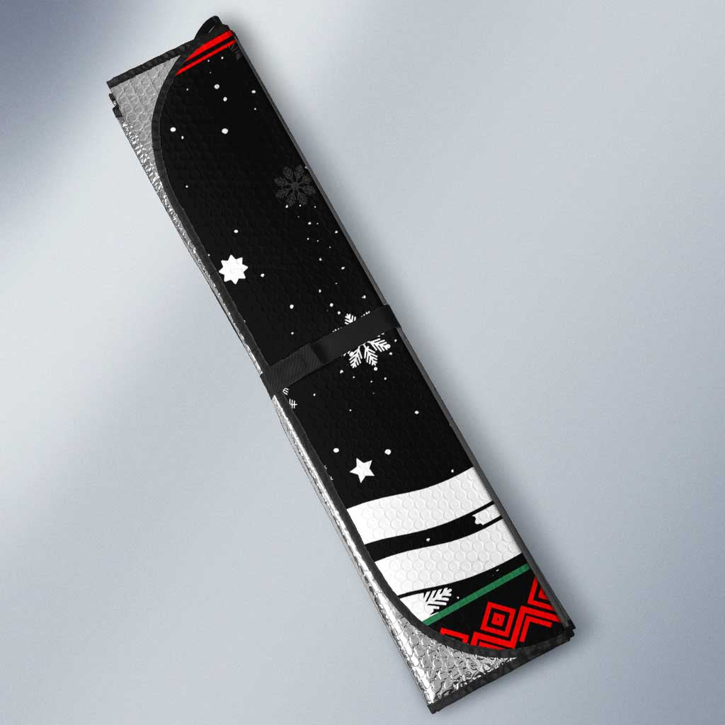 Suriname Christmas Auto Sun Shade with Black Festive Pattern, Golden Ship, Palm Tree, and Coat of Arms Motif - Wonder Print Shop